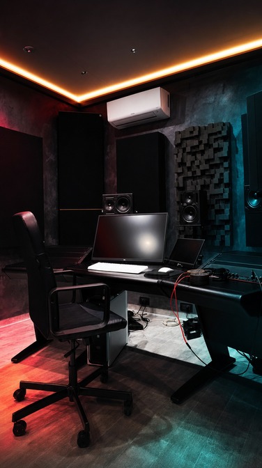 Sala di mix audio 5.1 con trattamento acustico