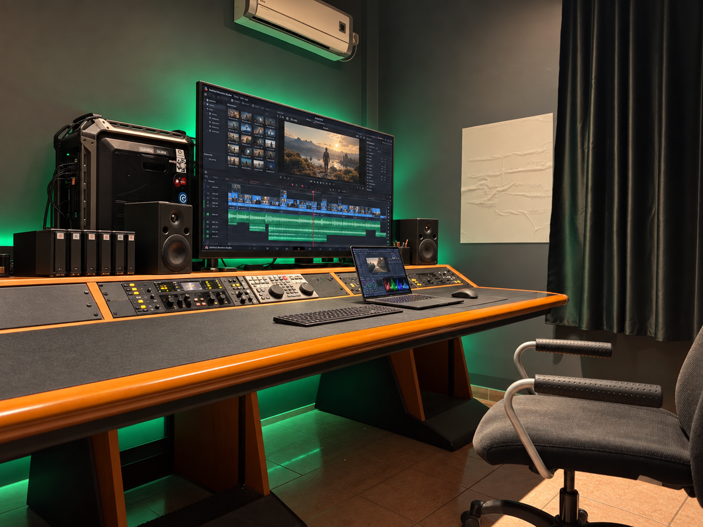Sala di post-produzione video Growing Production con console di color grading e monitor di montaggio