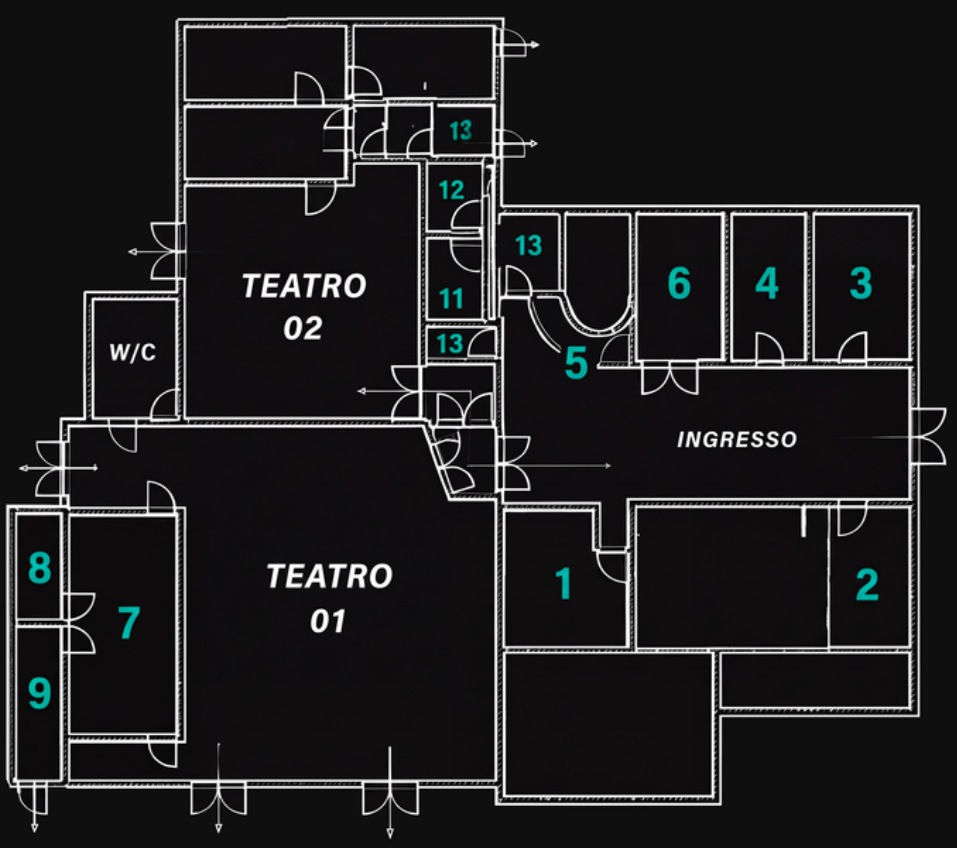 Planimetria originale della struttura: teatri 01 e 02 e reparti numerati secondo la legenda
